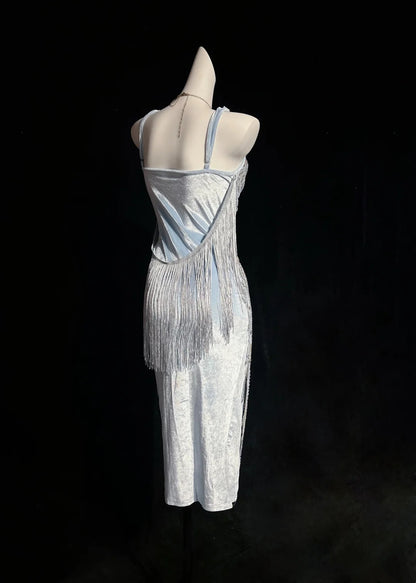 Sparkly Light Blue Spaghetti Strap Square Neck Beaded Midi Bodycon Homecoming Dress AS2885