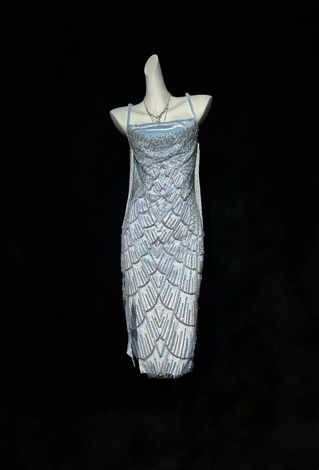 Sparkly Light Blue Spaghetti Strap Square Neck Beaded Midi Bodycon Homecoming Dress AS2885