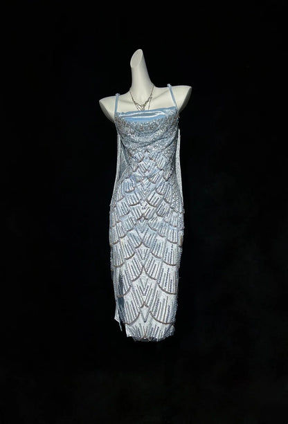 Sparkly Light Blue Spaghetti Strap Square Neck Beaded Midi Bodycon Homecoming Dress AS2885