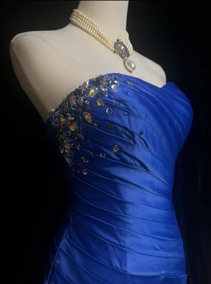 Bold Royal Blue Strapless Sweetheart Ruched Satin Beaded Bodycon Short Homecoming Dress AS2886