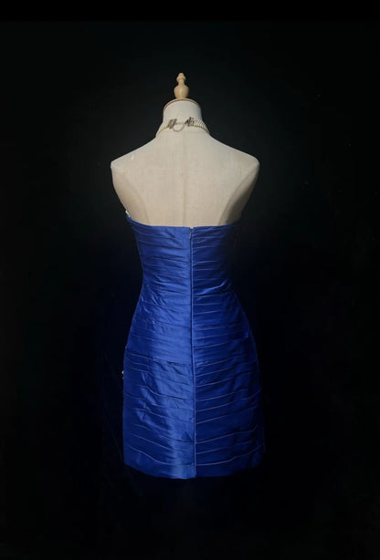 Bold Royal Blue Strapless Sweetheart Ruched Satin Beaded Bodycon Short Homecoming Dress AS2886