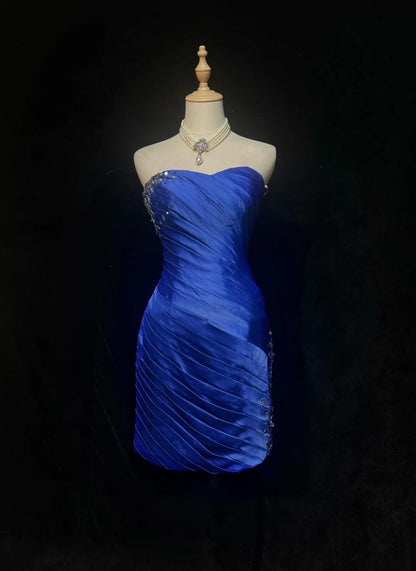 Bold Royal Blue Strapless Sweetheart Ruched Satin Beaded Bodycon Short Homecoming Dress AS2886