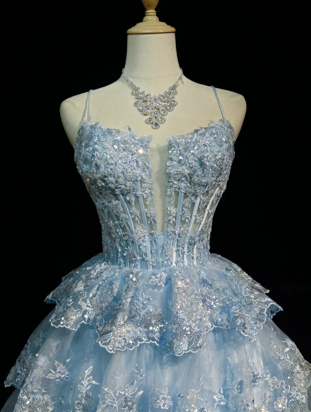 Sparkly Light Blue Spaghetti Strap Plunging V Beaded Floral Lace A Line Short Homecoming Dress AS2887