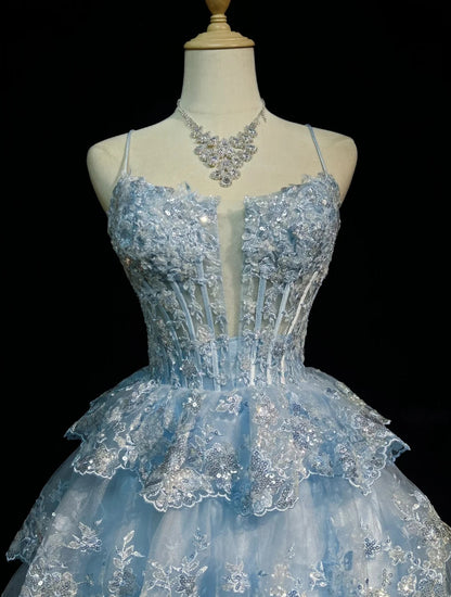 Sparkly Light Blue Spaghetti Strap Plunging V Beaded Floral Lace A Line Short Homecoming Dress AS2887