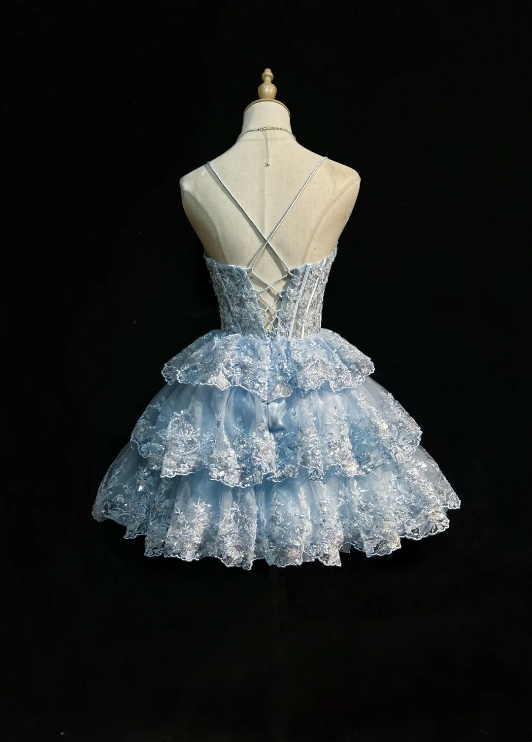 Sparkly Light Blue Spaghetti Strap Plunging V Beaded Floral Lace A Line Short Homecoming Dress AS2887