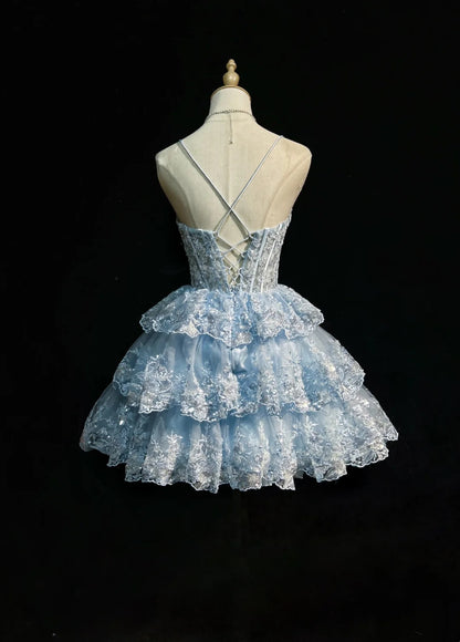Sparkly Light Blue Spaghetti Strap Plunging V Beaded Floral Lace A Line Short Homecoming Dress AS2887