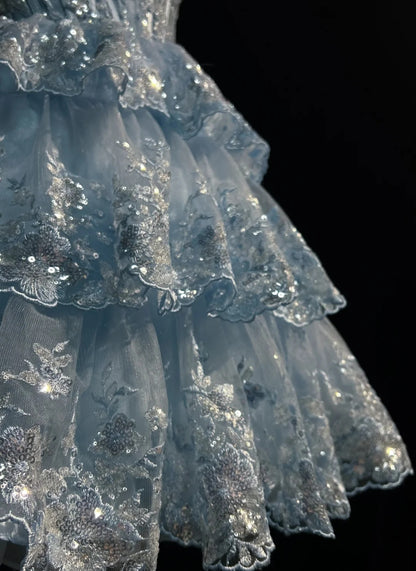 Sparkly Light Blue Spaghetti Strap Plunging V Beaded Floral Lace A Line Short Homecoming Dress AS2887