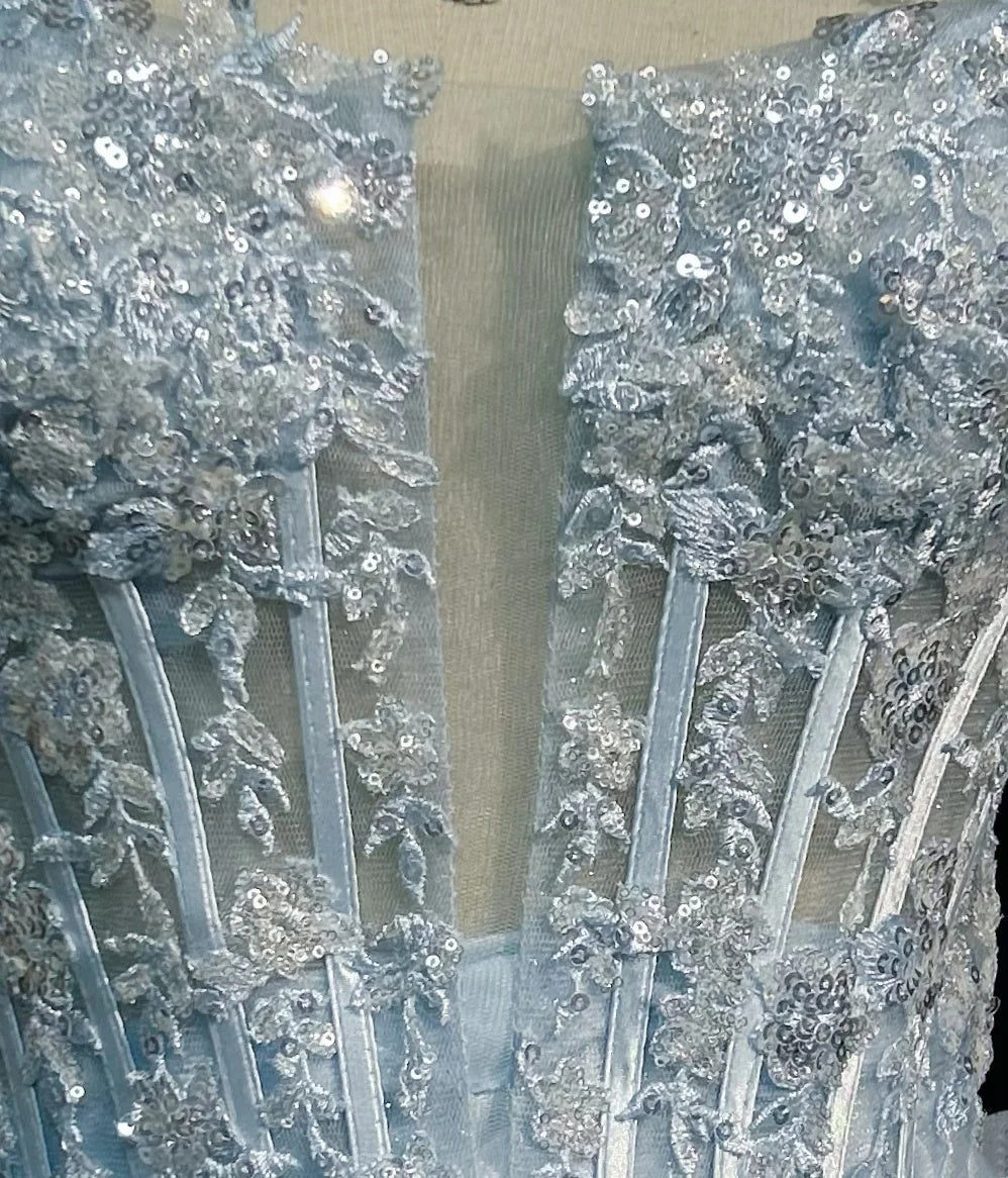 Sparkly Light Blue Spaghetti Strap Plunging V Beaded Floral Lace A Line Short Homecoming Dress AS2887