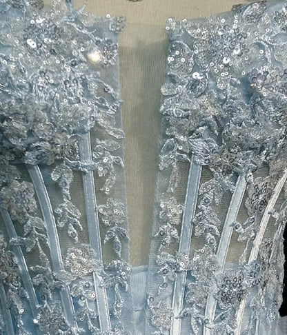 Sparkly Light Blue Spaghetti Strap Plunging V Beaded Floral Lace A Line Short Homecoming Dress AS2887