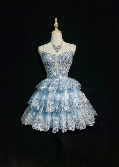 Sparkly Light Blue Spaghetti Strap Plunging V Beaded Floral Lace A Line Short Homecoming Dress AS2887