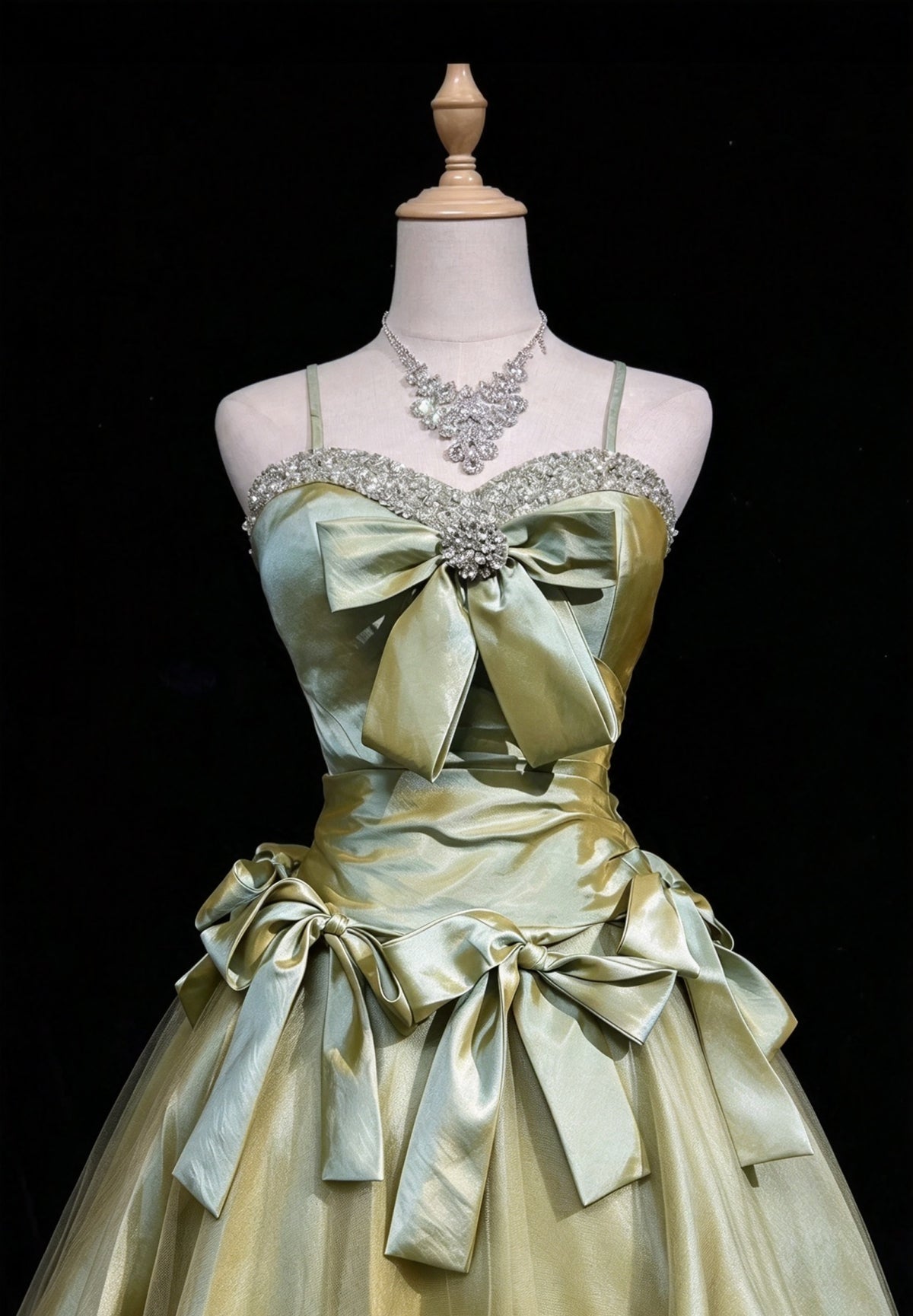 Elegant Sage Green Spaghetti Strap Sweetheart Rhinestone Trim Big Bow Satin Tulle A-line Short Homecoming Dress AS2888