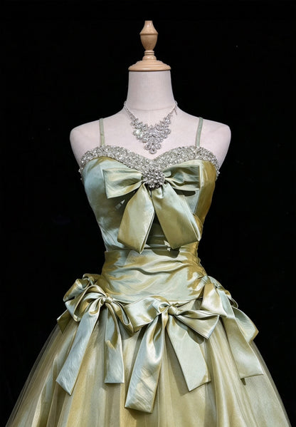 Elegant Sage Green Spaghetti Strap Sweetheart Rhinestone Trim Big Bow Satin Tulle A-line Short Homecoming Dress AS2888