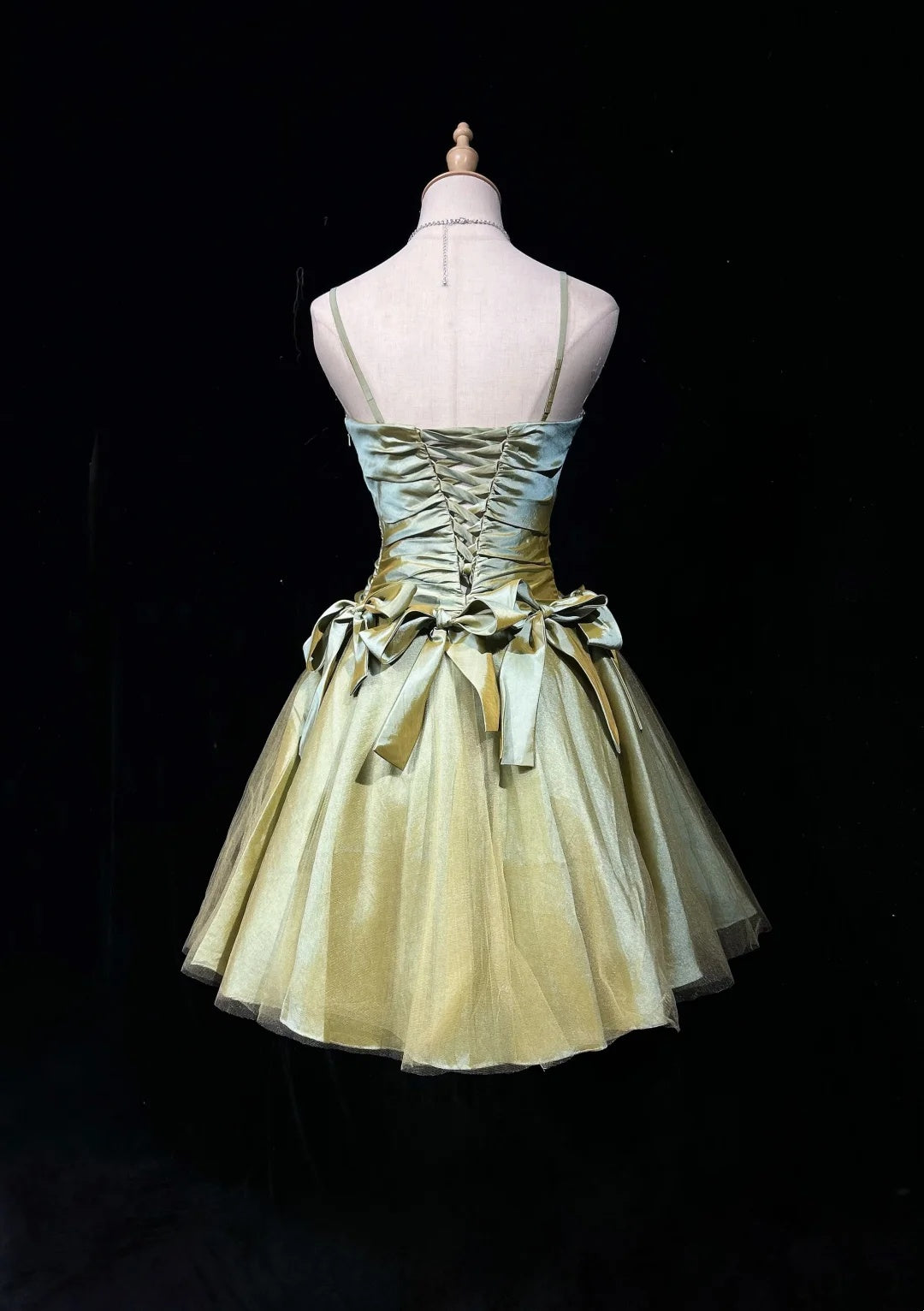 Elegant Sage Green Spaghetti Strap Sweetheart Rhinestone Trim Big Bow Satin Tulle A-line Short Homecoming Dress AS2888