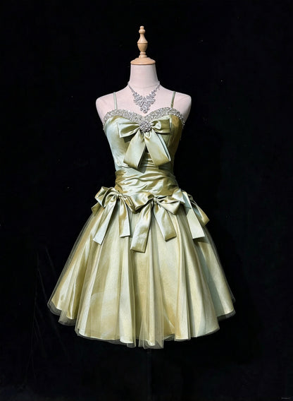 Elegant Sage Green Spaghetti Strap Sweetheart Rhinestone Trim Big Bow Satin Tulle A-line Short Homecoming Dress AS2888