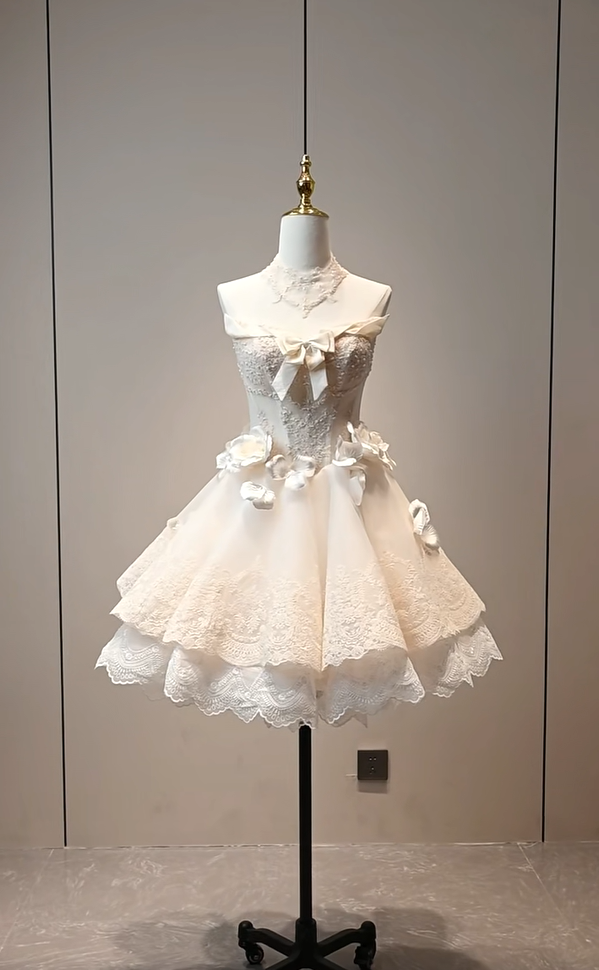 Romantic Ivory Strapless Lace Corset 3D Floral Bow A Line Short Homecoming Dress AS2889