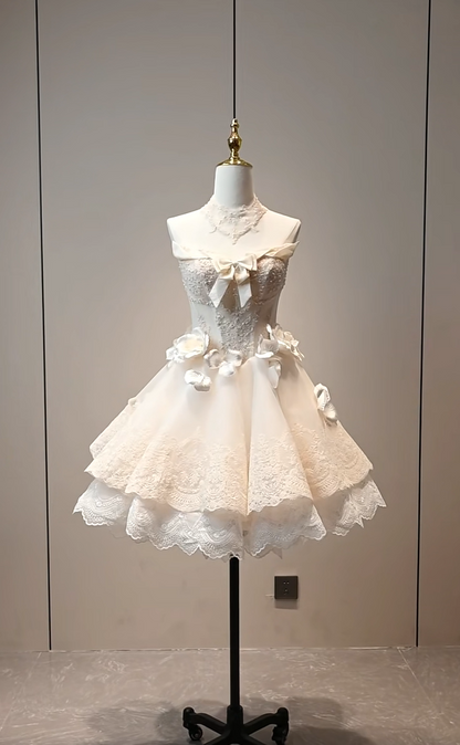 Romantic Ivory Strapless Lace Corset 3D Floral Bow A Line Short Homecoming Dress AS2889