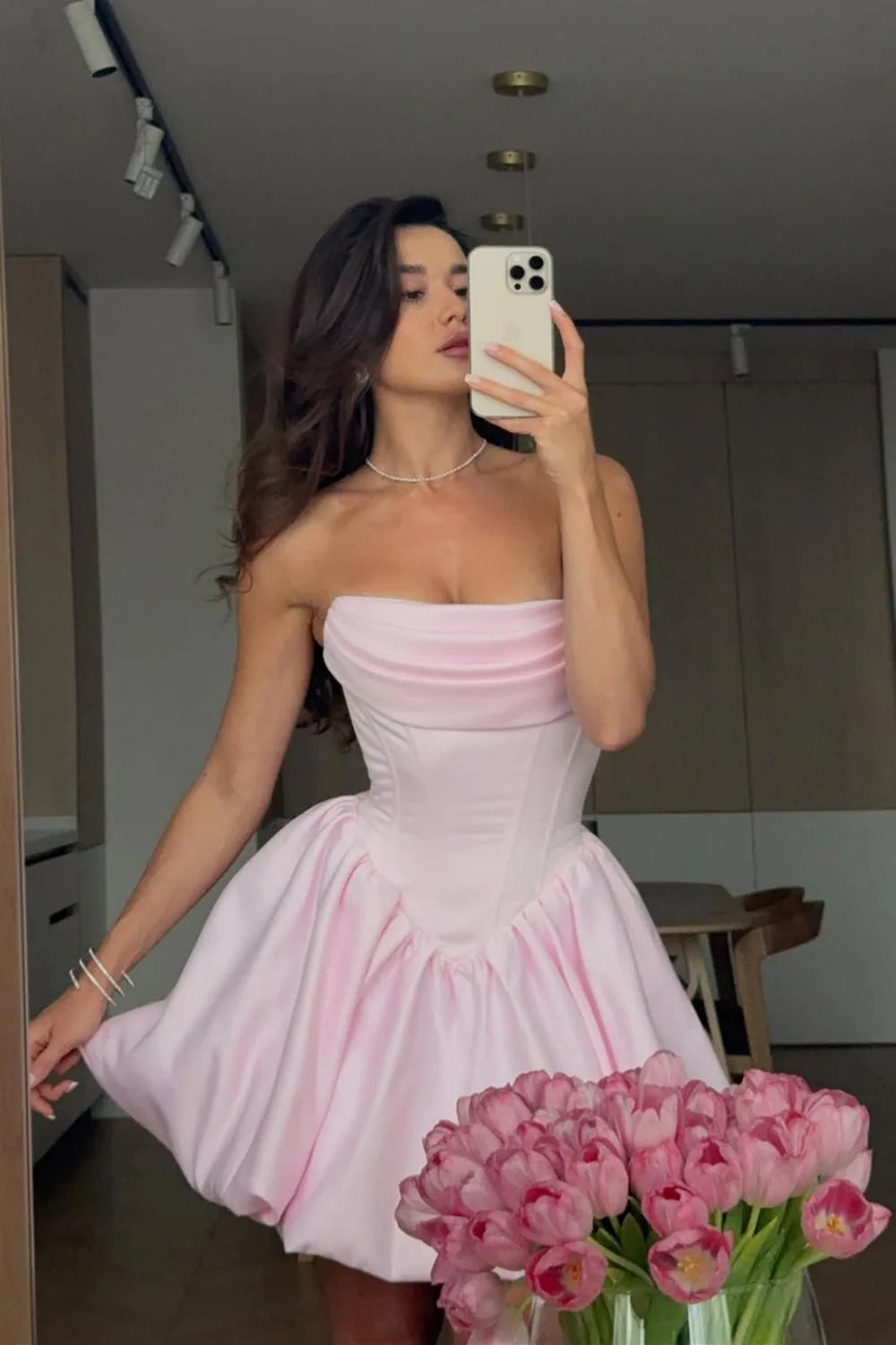 Chic Strapless A-Line Corset Bubble Hem Satin Homecoming Dress AS289