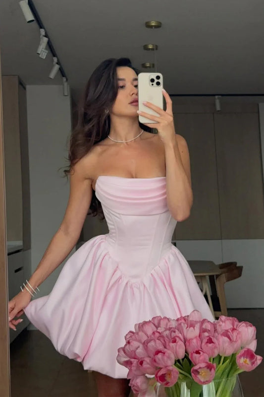 Chic Strapless A-Line Corset Bubble Hem Satin Homecoming Dress AS289