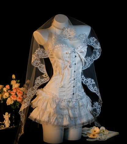 Romantic White Strapless Sweetheart Lace Corset Bow Ruffle A Line Short Homecoming Dress AS2892