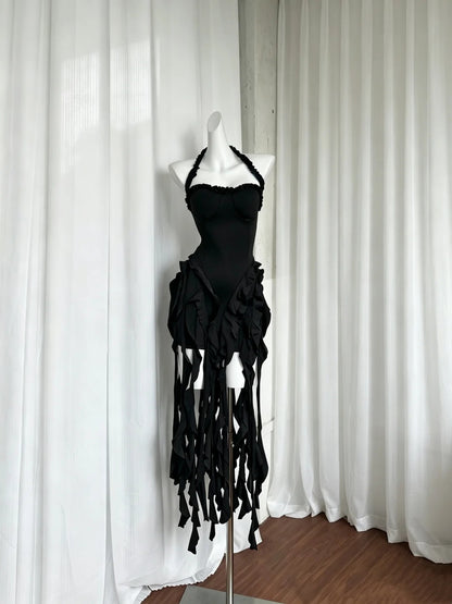 Edgy Black Halter Neck Irregular Fringe Tassel Bodycon Short Homecoming Dress AS2894