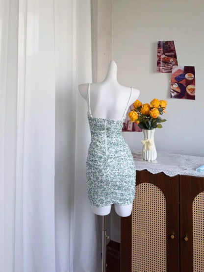 Fresh White Green Floral Spaghetti Strap Ruched Mesh Bodycon Short Homecoming Dress AS2895