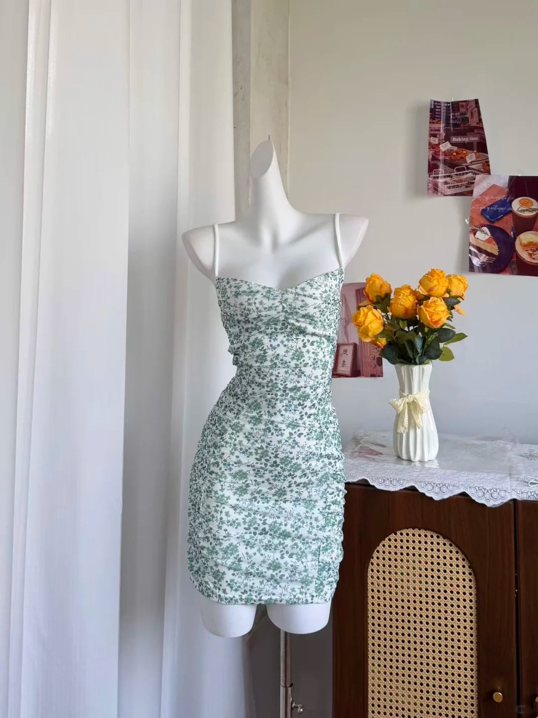 Fresh White Green Floral Spaghetti Strap Ruched Mesh Bodycon Short Homecoming Dress AS2895