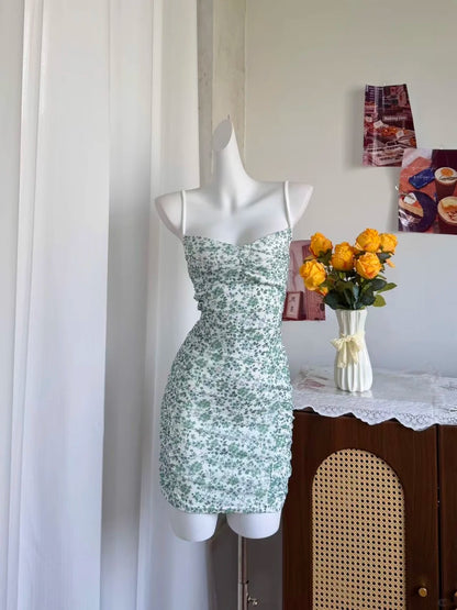 Fresh White Green Floral Spaghetti Strap Ruched Mesh Bodycon Short Homecoming Dress AS2895