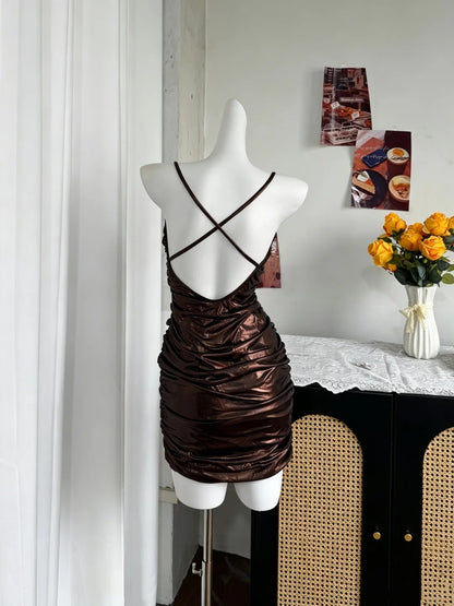 Luxe Metallic Brown Spaghetti Strap Cowl Neck Ruched Bodycon Short Homecoming Dress AS2896