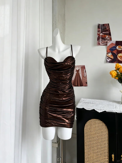 Luxe Metallic Brown Spaghetti Strap Cowl Neck Ruched Bodycon Short Homecoming Dress AS2896