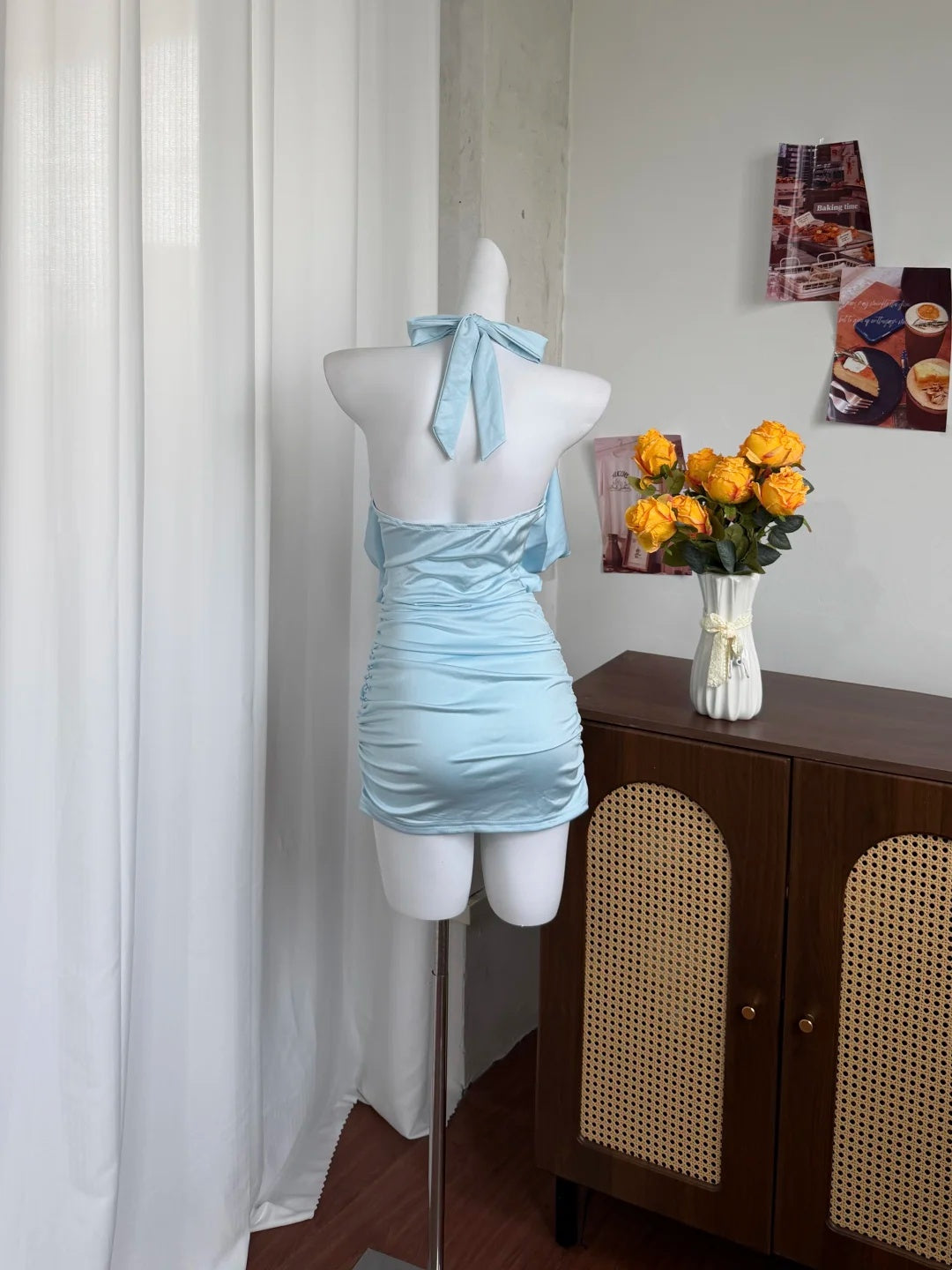 Fresh Light Blue Halter Neck Ruched Bodycon Short Homecoming Dress AS2897