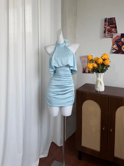 Fresh Light Blue Halter Neck Ruched Bodycon Short Homecoming Dress AS2897