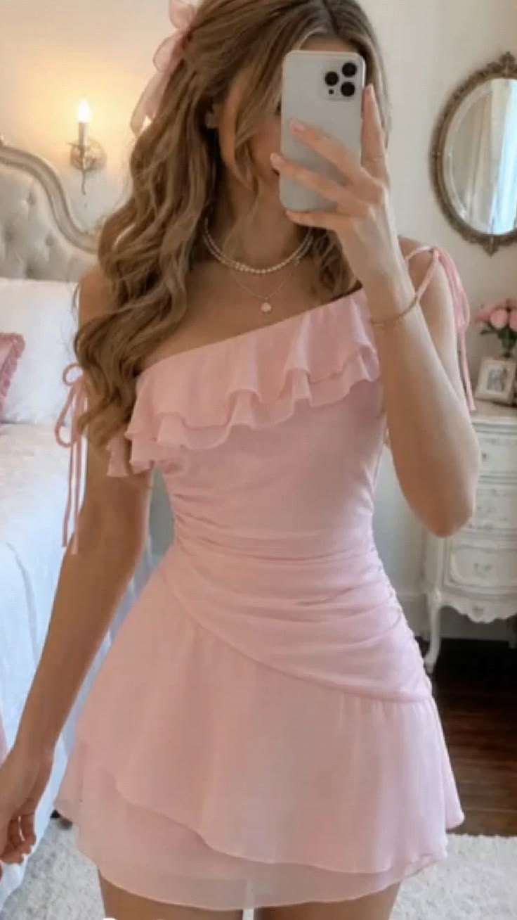Sweet Pink Ruffle One Shoulder Tie Strap Ruched A Line Short Homecoming Dress AS2899