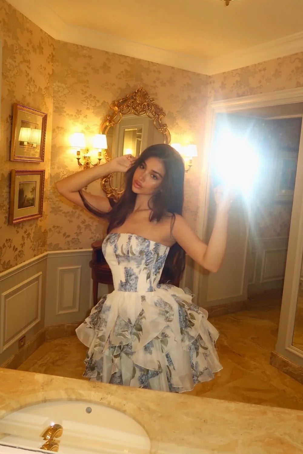 Romantic Strapless Floral Ruffle Homecoming Dress With Corset Bodice And Layered Skirt AS290