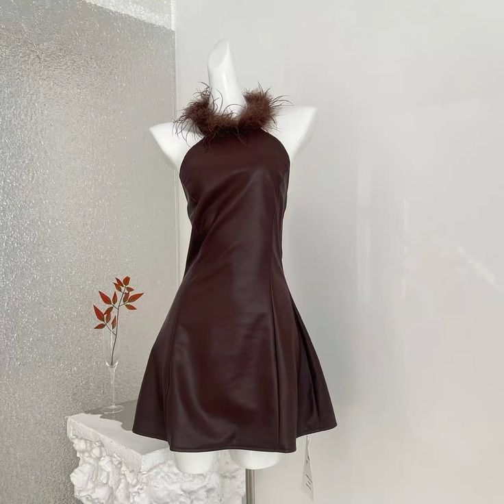 Moody Dark Brown Halter Neck Feather Trim A-line Short Homecoming Dress AS2901