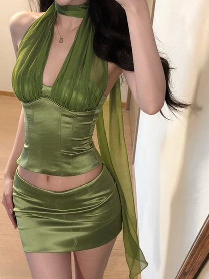 Chic Olive Green Halter Choker Sheer Panel Satin Two Piece Bodycon Short Homecoming Dress AS2906