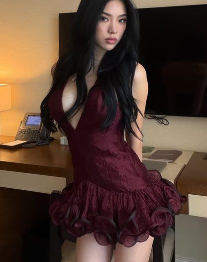 Dramatic Burgundy Halter Deep V Neck Ruffle Hem A Line Short Homecoming Dress AS2907
