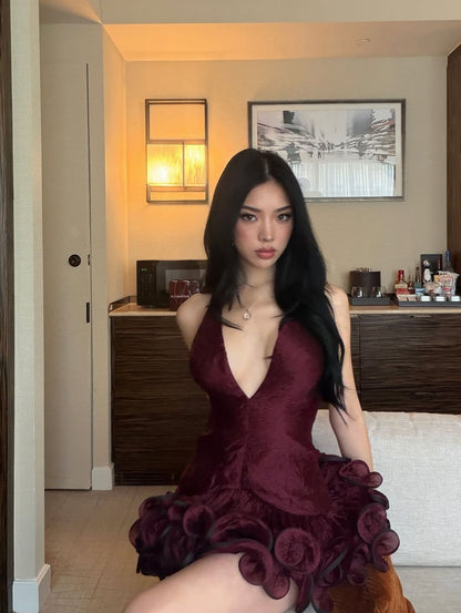 Dramatic Burgundy Halter Deep V Neck Ruffle Hem A Line Short Homecoming Dress AS2907