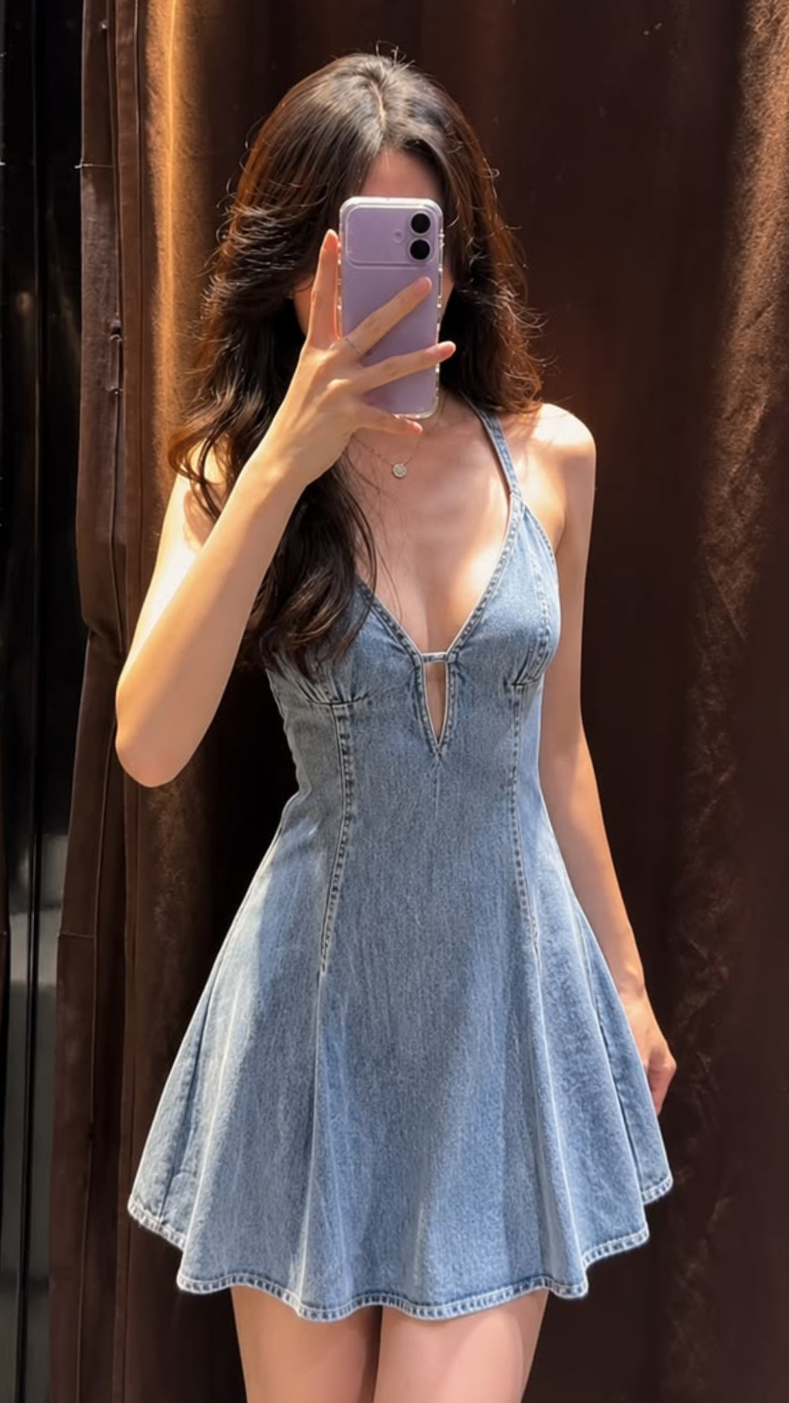Chic Light Blue Denim Halter Deep V Keyhole Front A-line Short Homecoming Dress AS2910