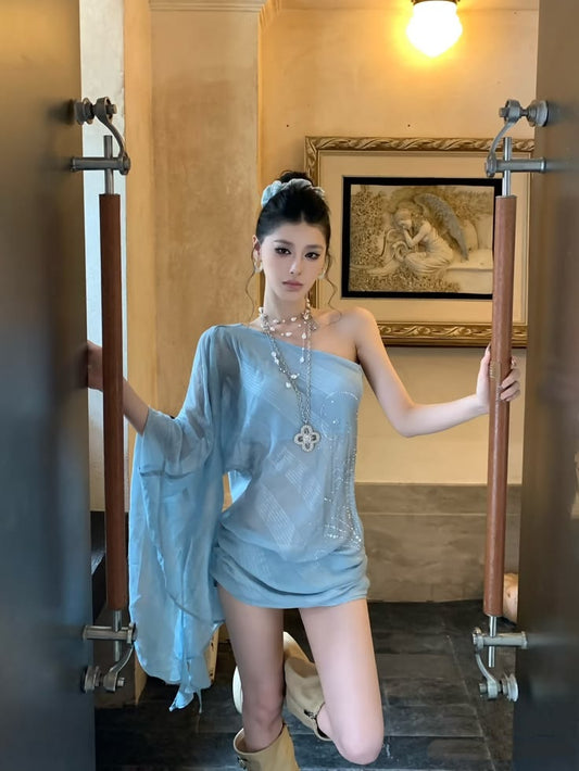 Airy Light Blue One Shoulder Sheer Chiffon Loose Sleeve Sheath Short Homecoming Dress AS2915