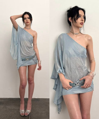 Airy Light Blue One Shoulder Sheer Chiffon Loose Sleeve Sheath Short Homecoming Dress AS2915