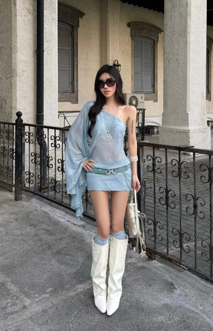 Airy Light Blue One Shoulder Sheer Chiffon Loose Sleeve Sheath Short Homecoming Dress AS2915