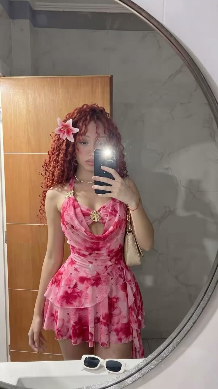 Playful Pink Floral Halter Neck Metal Flower A Line Short Homecoming Dress AS2917