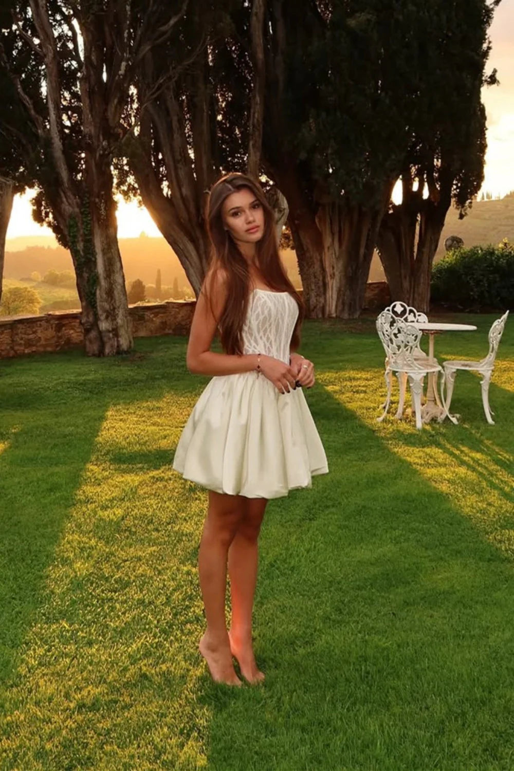 Elegant Strapless Corset Satin Short A-Line Ivory Homecoming Dress AS292