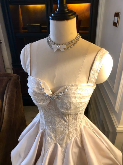 Elegant Ivory Sweetheart Straps Rhinestone Lace Corset Satin A-Line Short Homecoming Dress AS2920