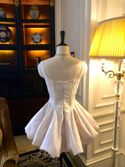 Elegant Ivory Sweetheart Straps Rhinestone Lace Corset Satin A-Line Short Homecoming Dress AS2920