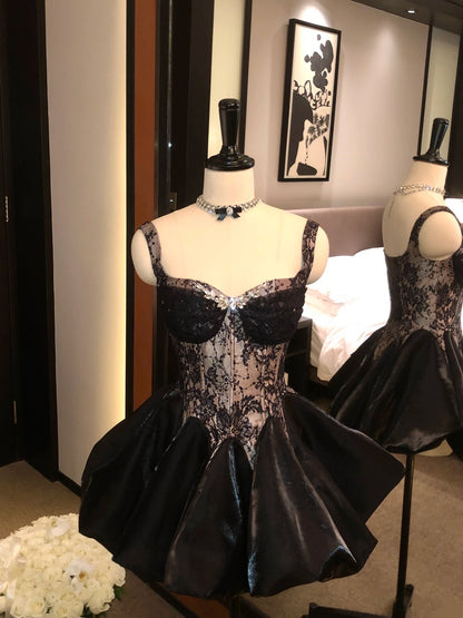 Elegant Ivory Sweetheart Straps Rhinestone Lace Corset Satin A-Line Short Homecoming Dress AS2920