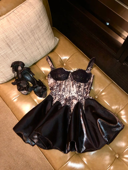 Elegant Ivory Sweetheart Straps Rhinestone Lace Corset Satin A-Line Short Homecoming Dress AS2920