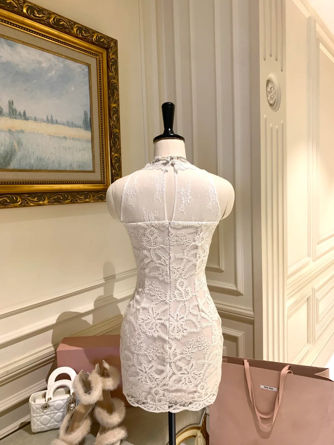 Delicate White Halter High Neck Sheer Lace Beaded Bodycon Short Homecoming Dress AS2921