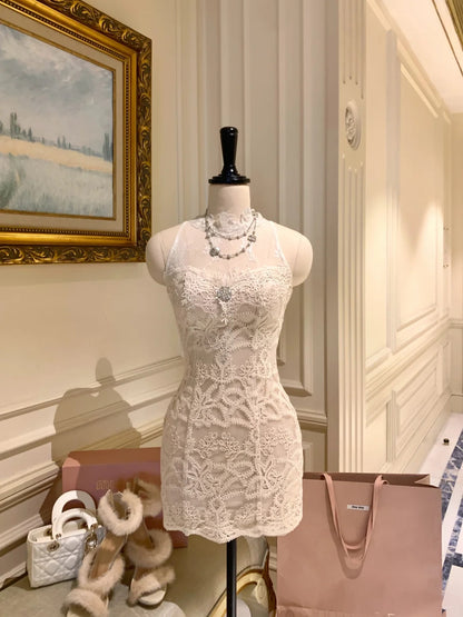 Delicate White Halter High Neck Sheer Lace Beaded Bodycon Short Homecoming Dress AS2921