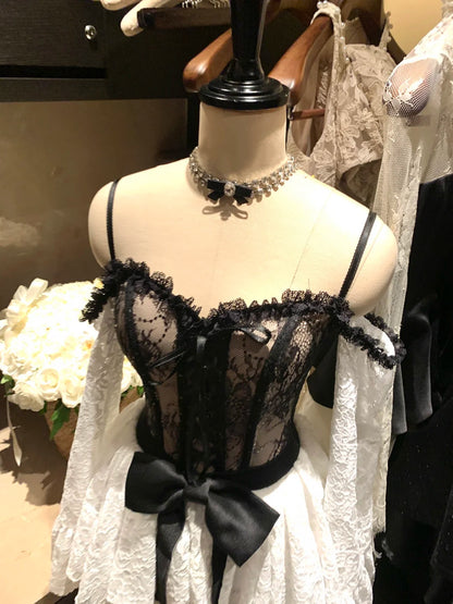 Glam Black White Contrast Spaghetti Straps Long Sleeves Lace Corset Bow A Line Short Homecoming Dress AS2922